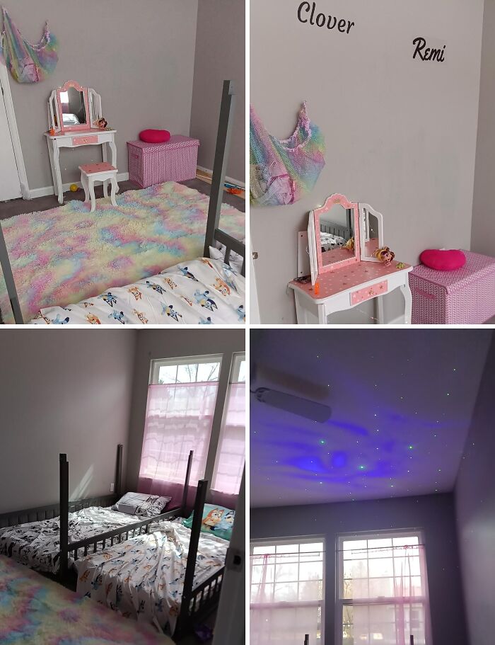Habitación infantil decorada con alfombra colorida, camas gemelas y luz nocturna para momentos tiernos y divertidos de mamá.