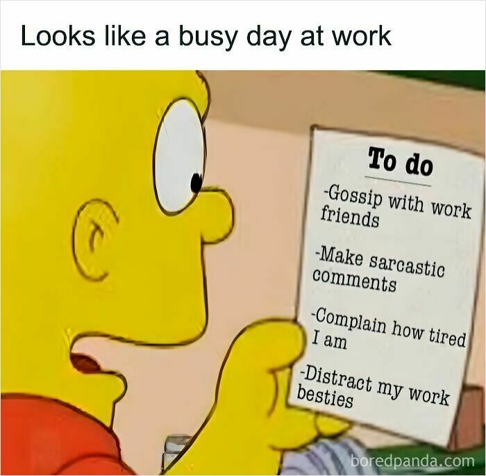 Bart Simpson looking at a to-do list with humorous work memes about office distractions and coworkers.