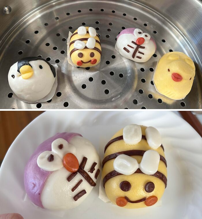 Cute animal-shaped steamed buns lined up in a tray, showcasing happiness-inducing wholesome mom moments.