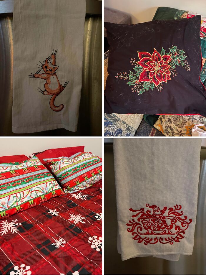 Collage of holiday-themed embroidered towels and festive bedding showcasing moms being their amazing wholesome selves.