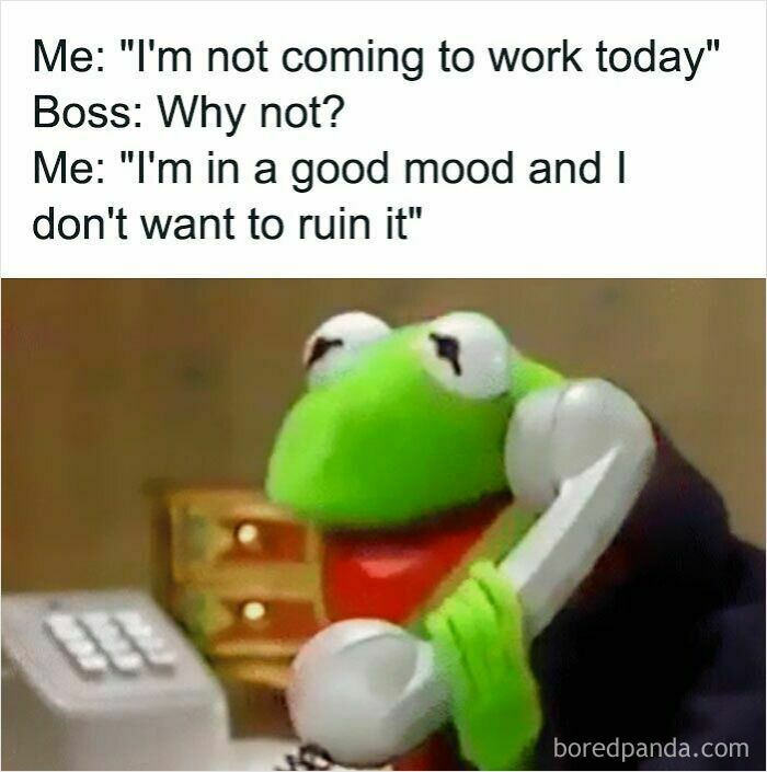 Funny work meme with a character on the phone, sharing a humorous excuse about not coming to work today.