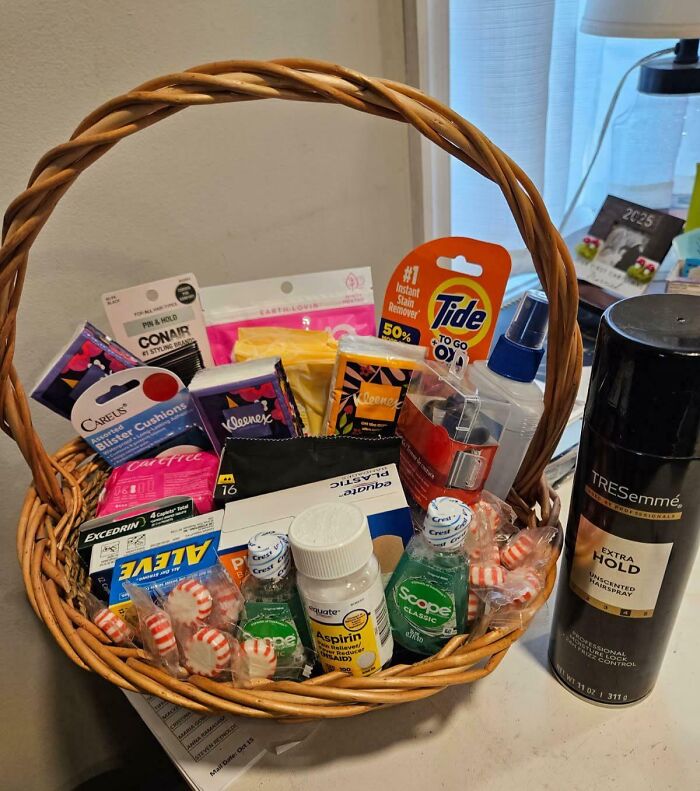 Basket filled with everyday essentials and self-care items representing moms being their amazing wholesome selves.