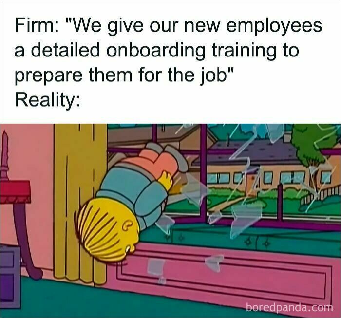 Cartoon character crashing through a window illustrating reality versus onboarding training in work memes.