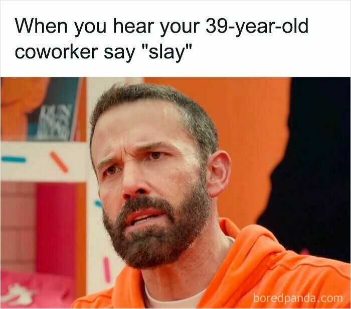 Man in orange hoodie making confused face in a work meme about coworkers and humor on coffee break.