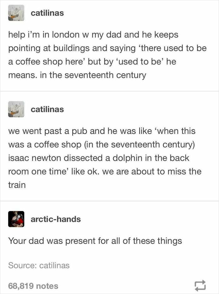 Screenshot of a funny social media post about a dad humorously referencing history, showing funniest parents ever humor.