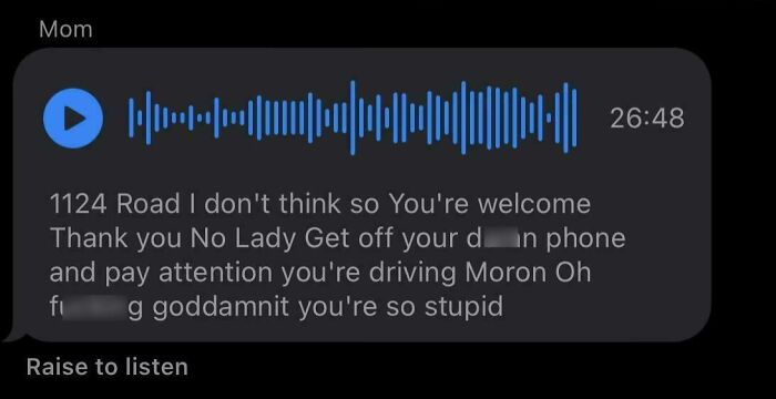 Voice message transcription on a phone screen showing a heated exchange, highlighting intense emotions in a mom's conversation.