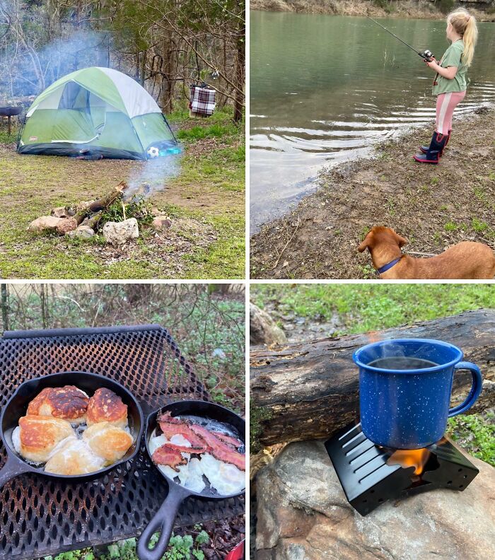 Mamá divertida acampando con fogata, niña pescando y desayuno al aire libre en un día familiar feliz.