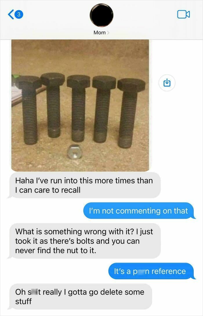 Text message exchange showing a mom joking about bolts without nuts, capturing a wholesome and funny mom moment.