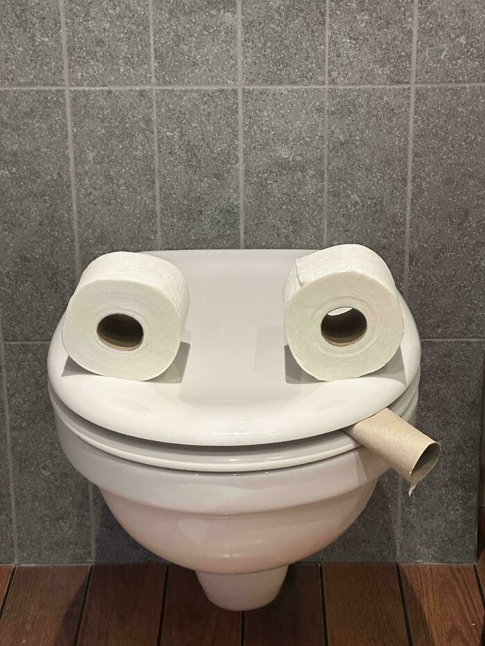 Toilet with two rolls of toilet paper on the lid and an empty roll hanging, creating a playful face, moms wholesome moments theme.