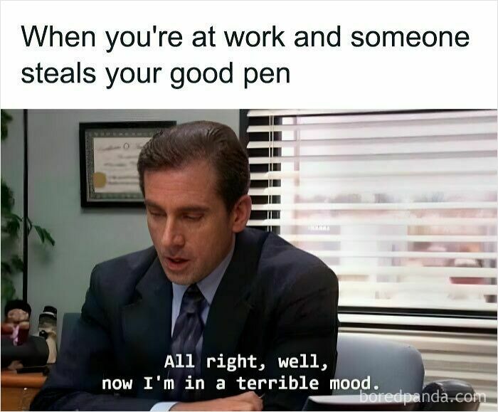 Man in office reacting to work meme about someone stealing a good pen, relatable work memes for coffee break humor.