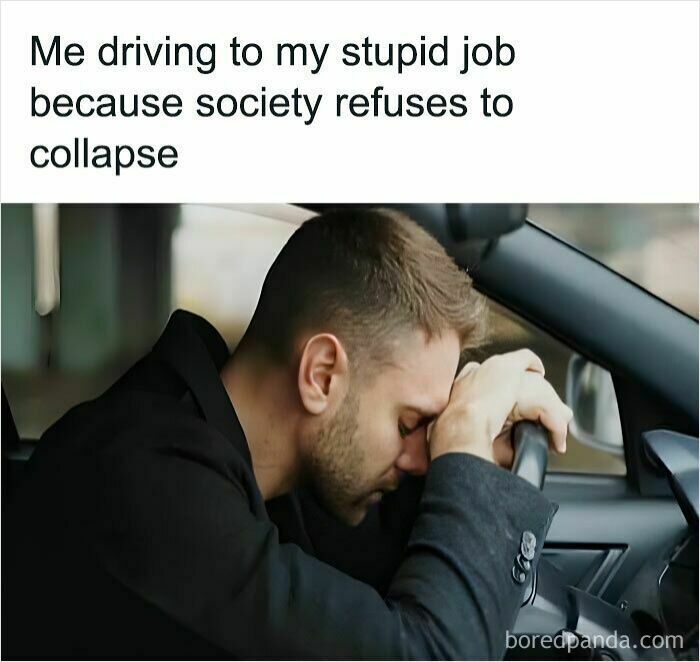 Man resting his head on his hands at the steering wheel, expressing frustration about work in a popular work meme.