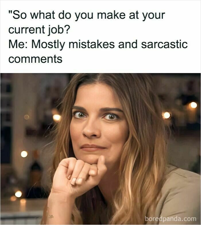 Woman with a sarcastic expression illustrating a work meme about mistakes and sarcastic comments during a coffee break.