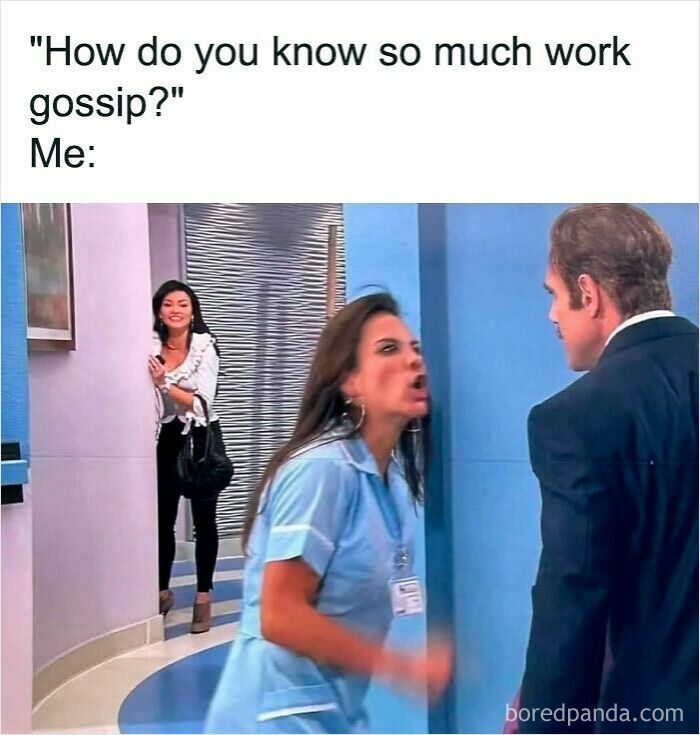 Woman in blue nurse uniform animatedly talking to man in suit, with another woman smiling in background, capturing work memes humor.