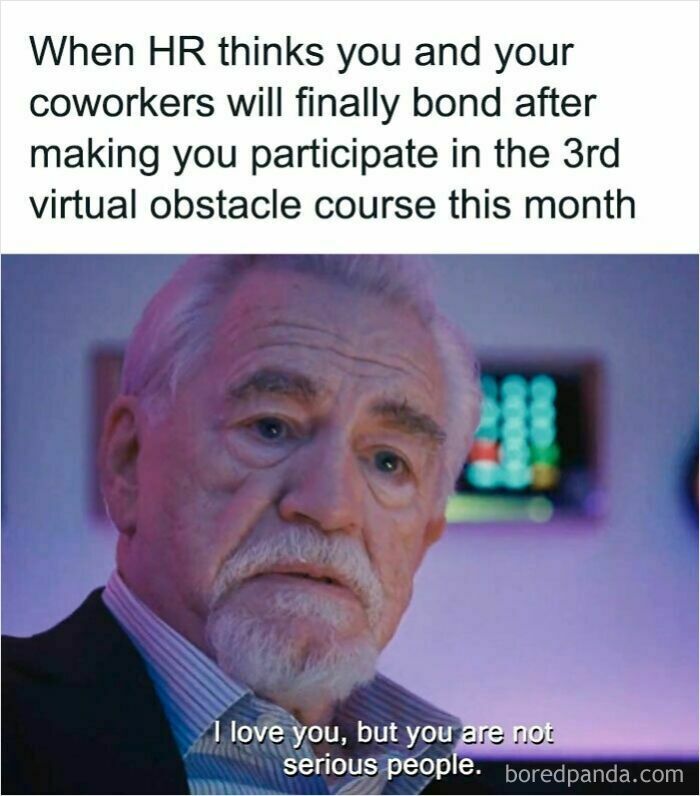 Older man with a serious face reacting to HR forcing virtual obstacle courses in this work meme about coworkers bonding.