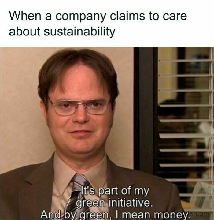 Scene from The Office with Dwight, captioned about company sustainability and green initiatives, a popular work meme.