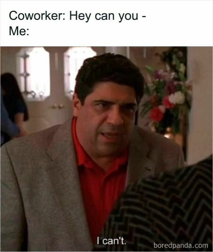 Man in a suit looking frustrated with caption about work memes and third coffee break humor.