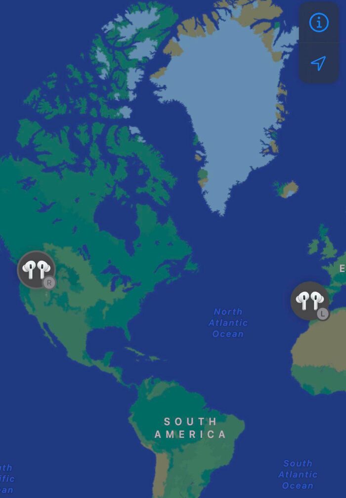 Map showing two pairs of lost AirPods locations across North America and Europe, representing worst luck on vacation.