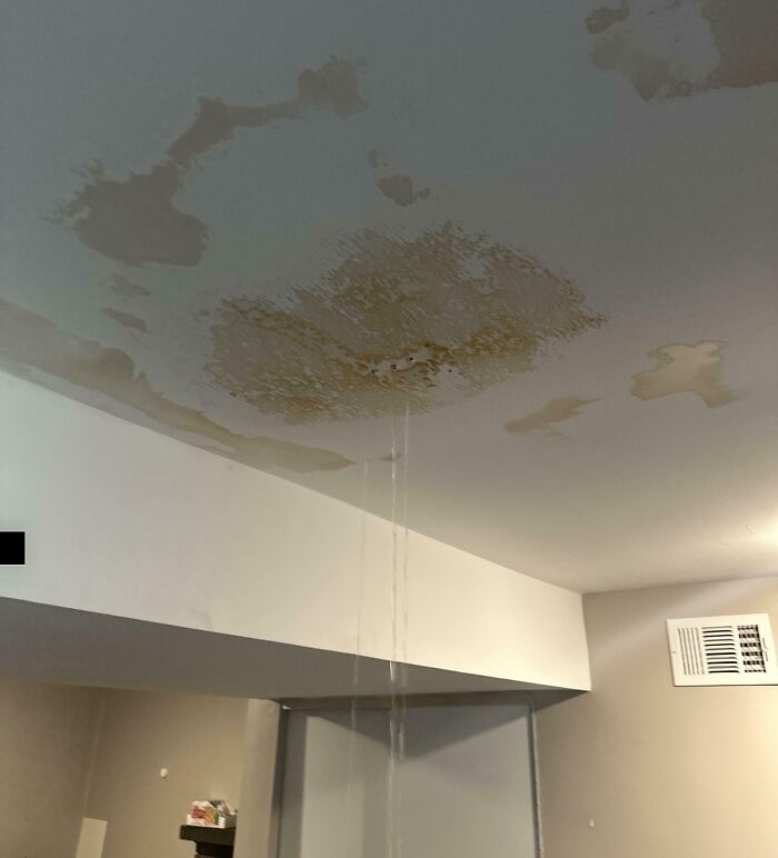 Ceiling water damage with brown stains and water leaking down, illustrating worst luck on vacation mishap indoors.