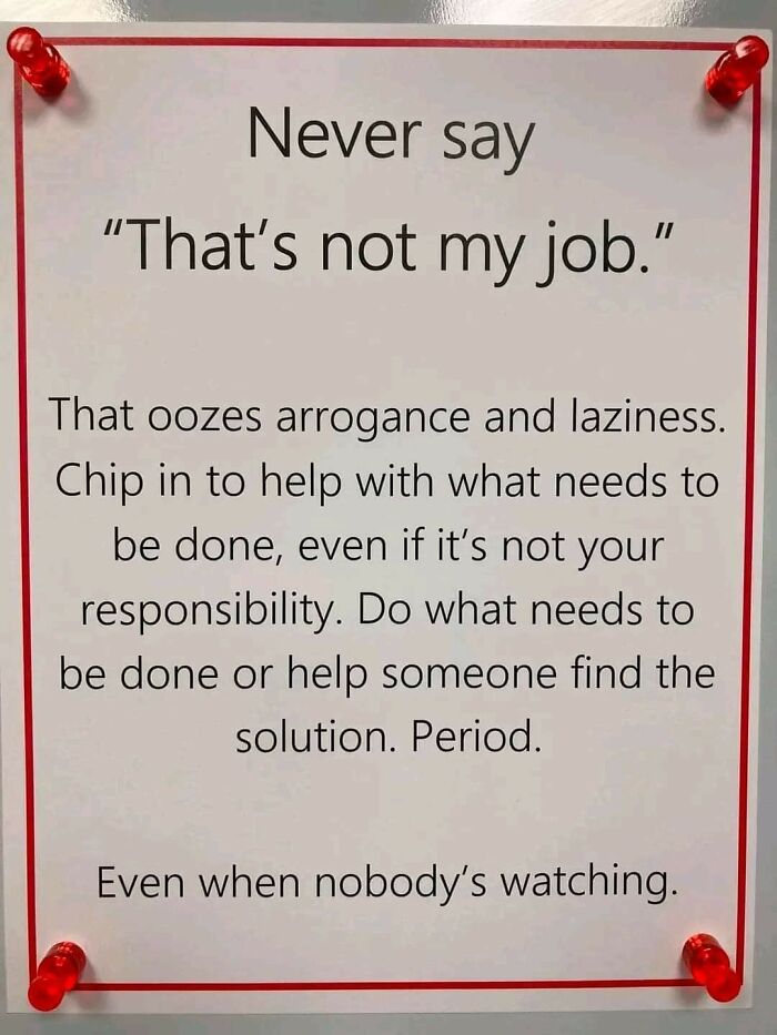 Passive-aggressive coworker note advising to avoid saying that's not my job and encourage responsibility and teamwork.