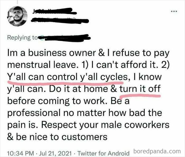 Screenshot of a social media post where a business owner refuses to pay menstrual leave, sparking reasons to hate their boss.