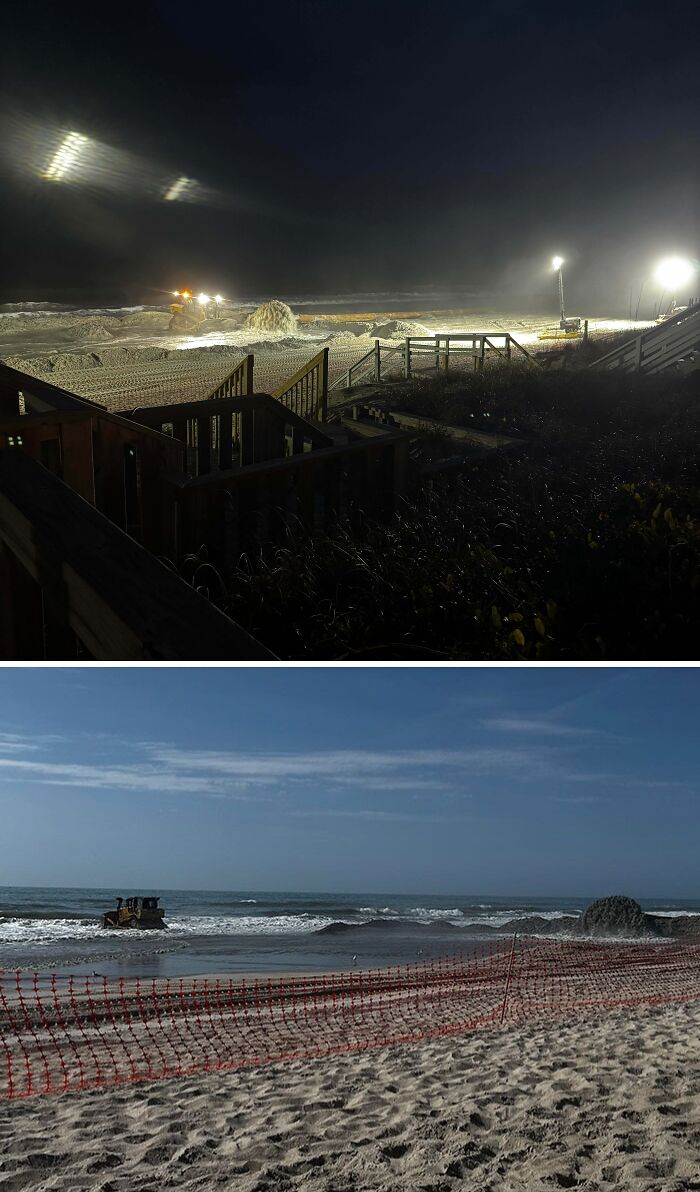 Night and day views of a beach with heavy machinery and sand piles showing worst luck on vacation scenes.
