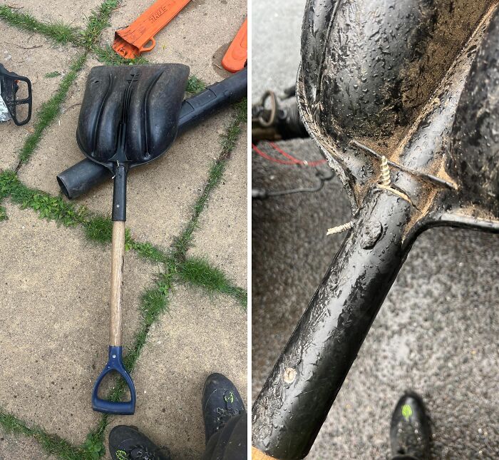 Broken shovel with screws holding the handle, illustrating why people share pics of why they hate their boss at work.