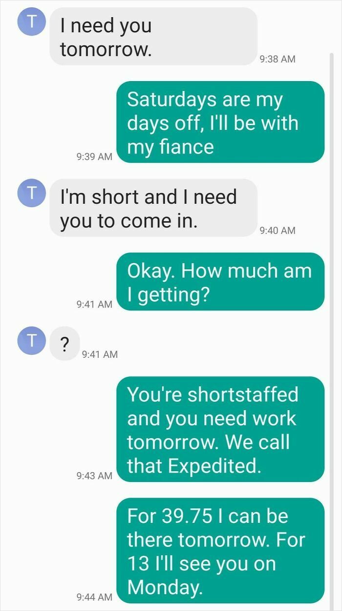 Text message exchange showing frustration with a boss about working on a day off due to being shortstaffed.