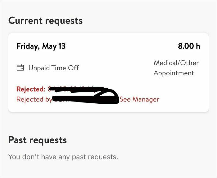 Screenshot of a rejected unpaid time off request showing a reason to see manager, highlighting why people hate their boss.