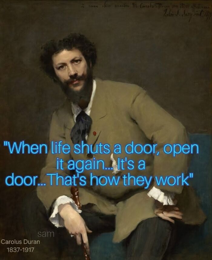 Portrait of a bearded man in historical attire with a humorous archaeology and history meme quote about doors.