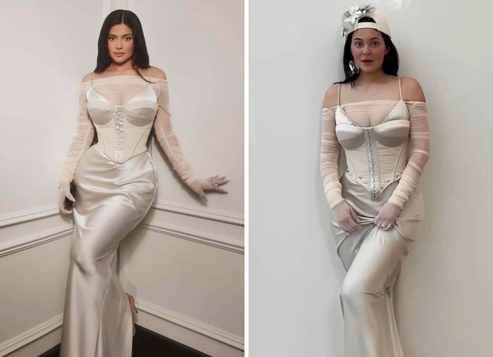 Two influencers wearing similar white satin dresses and corsets posing against plain walls in different styles.