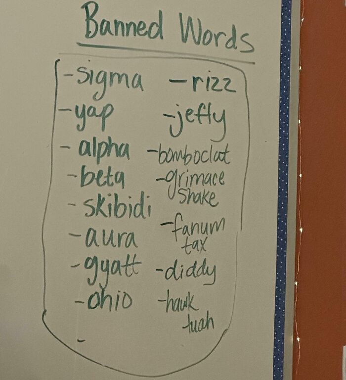Whiteboard with a handwritten list of banned words by a funny teacher showcasing humor in classroom rules.