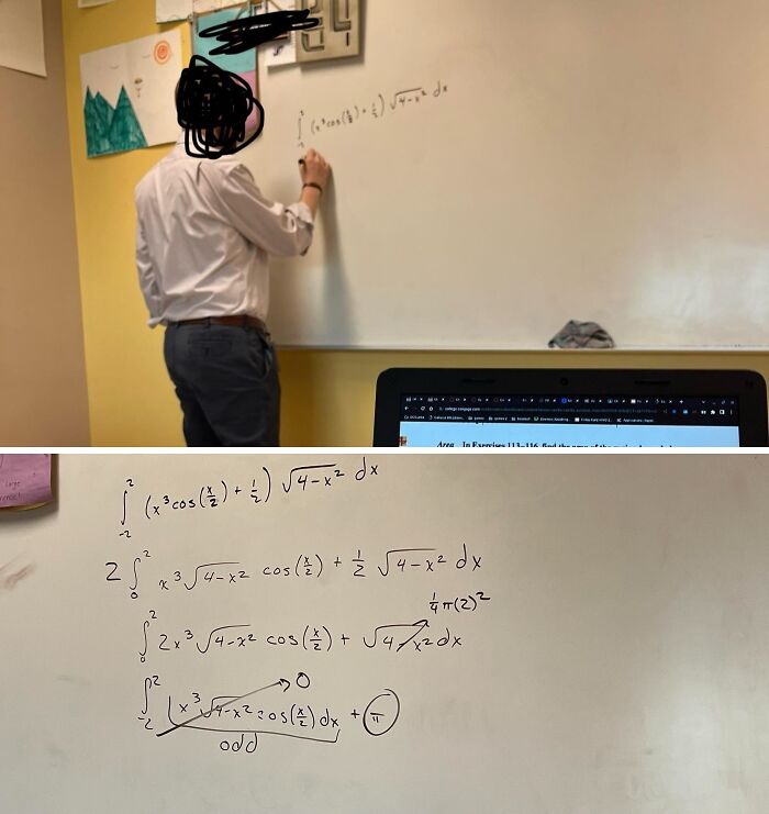 Teacher writing a complex math equation with a humorous correction on a whiteboard in a classroom setting.