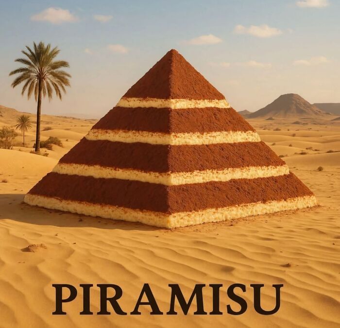 Pyramid-shaped tiramisu dessert in a desert setting, blending archeology and history memes with humor.