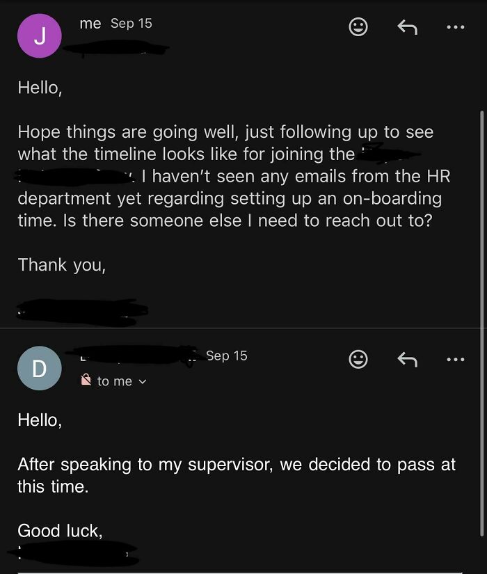 Email exchange showing a job candidate following up on onboarding, with a recruiter responding they decided to pass.
