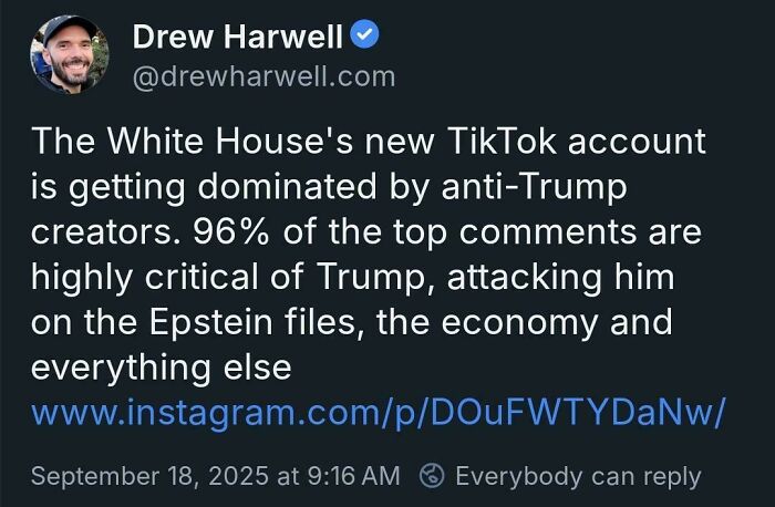 Screenshot of a social media post discussing the White House TikTok account dominated by critical comments, a there was an attempt fail pics moment.