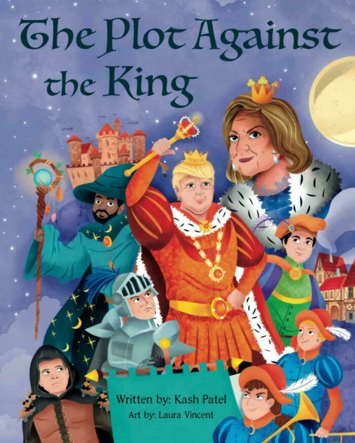 Book cover titled The Plot Against the King showing cartoonish medieval characters with crowns and armor, an example of awful book covers.