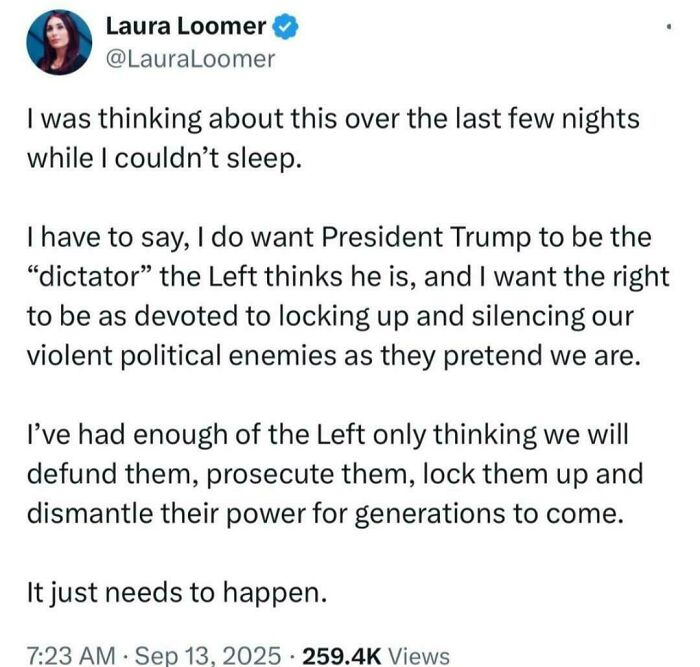 Screenshot of a social media post expressing controversial political opinions, fitting chaotic good actions.