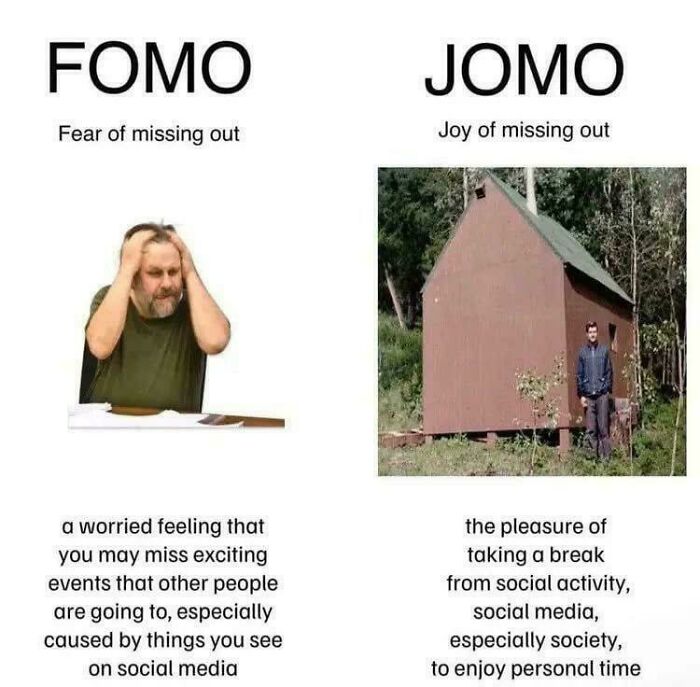 Comparison of FOMO and JOMO illustrating consumerism impact and social media distraction effects on personal well-being.