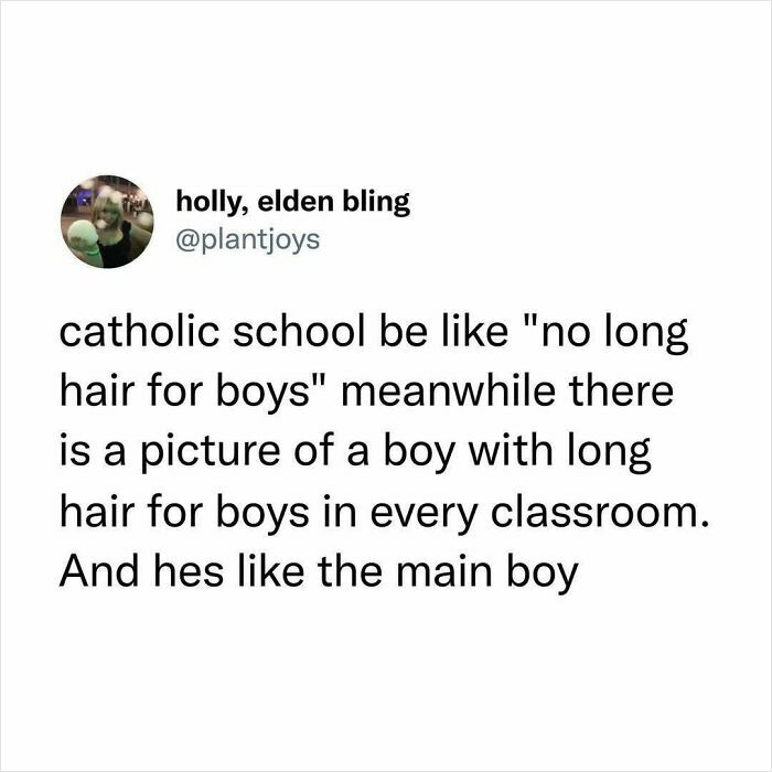 Tweet about catholic school rules on boys' hair contrasted with pictures of boys with long hair, funny relatable post.