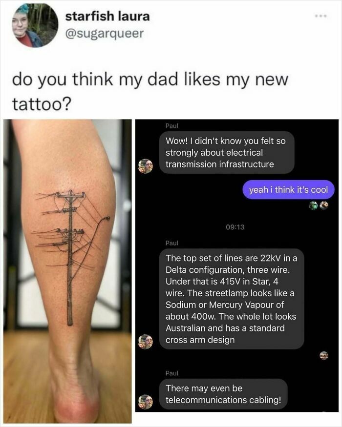 Tattoo of electrical transmission pole on leg with humorous text messages about electrical infrastructure, relatable humor post.