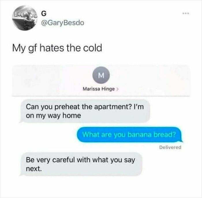 Screenshot of a funny text conversation showing relatable humor about preheating an apartment to beat the cold fatigue.