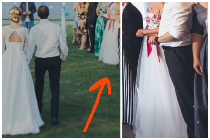 Bride and groom walking down the aisle during wedding ceremony with guests standing and watching in outdoor setting
