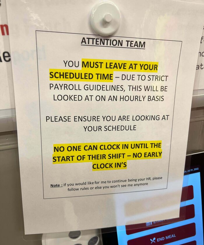 Passive-aggressive workplace note highlighting strict schedule rules and clock-in restrictions for coworkers.