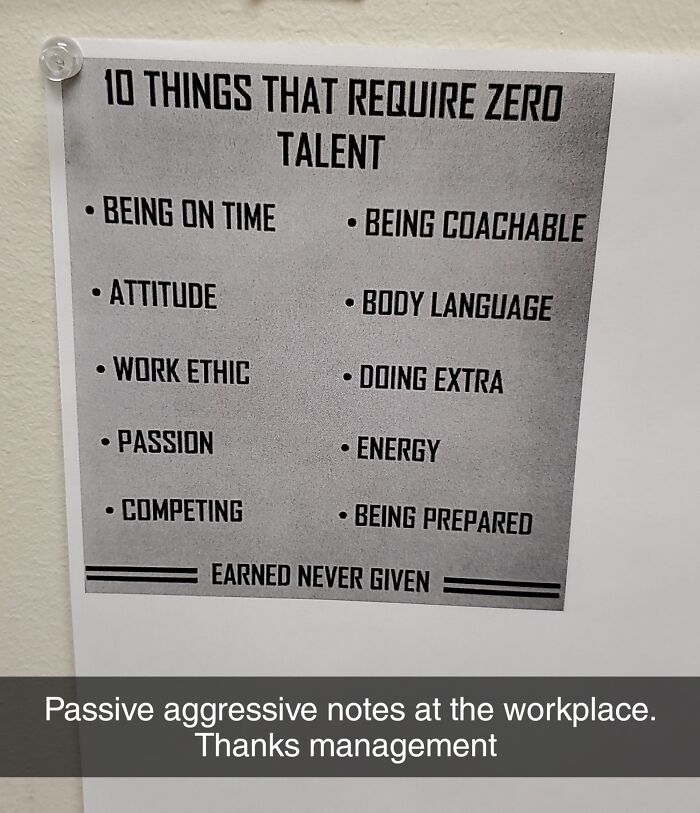 Passive-aggressive workplace note listing traits that require zero talent, expressing coworker frustration and sarcasm.