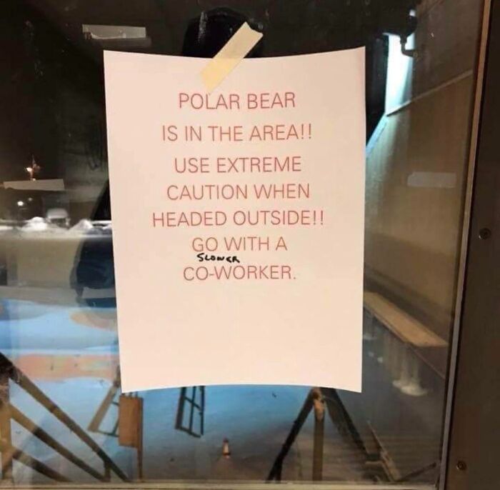 Passive-aggressive coworker note warning about polar bear with added sarcastic correction on taped paper