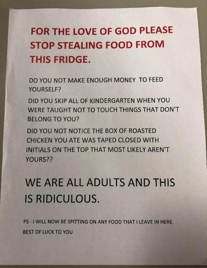 Passive-aggressive coworker note demanding to stop stealing food from the fridge with sarcastic comments included.
