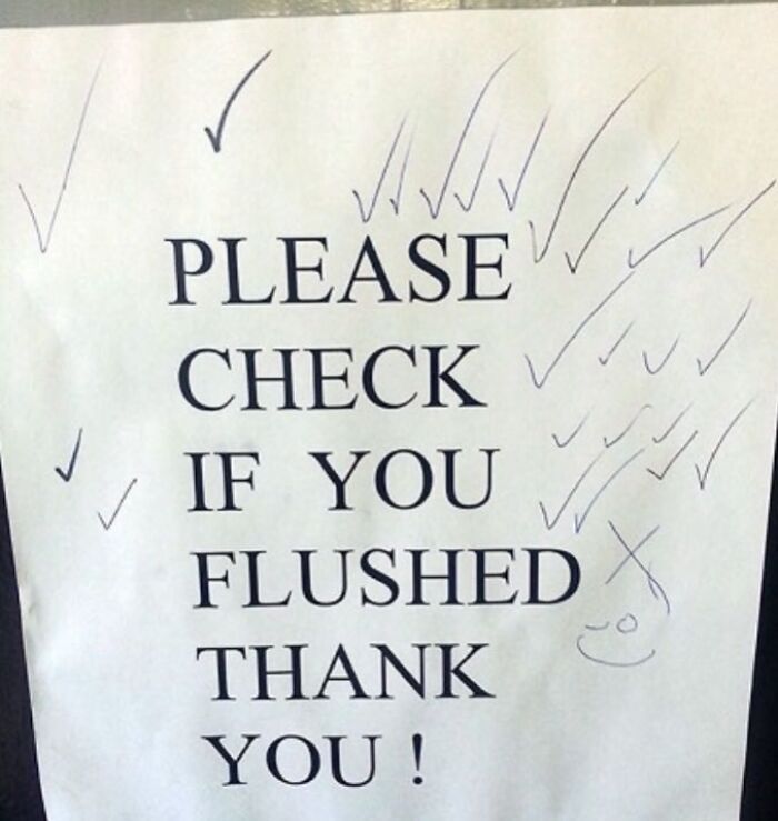 Passive-aggressive coworker note with multiple check marks reminding to check if the toilet is flushed in a shared office restroom.