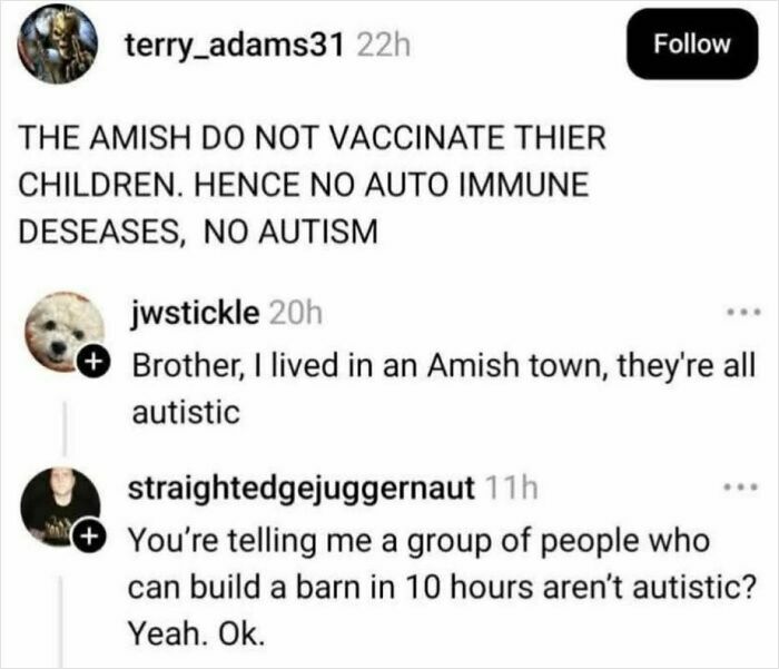 Social media post discussing absurd scientific takes about Amish vaccination and autism claims in modern society.