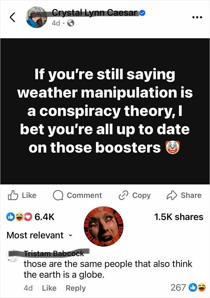 Screenshot of a social media post with absurd scientific takes reflecting views on weather manipulation and society.