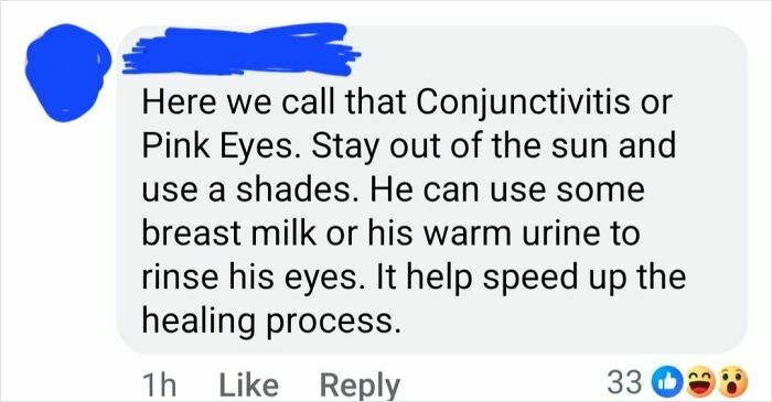 Comment suggesting absurd scientific remedy for pink eye using breast milk or warm urine to speed healing, reflecting modern society views.